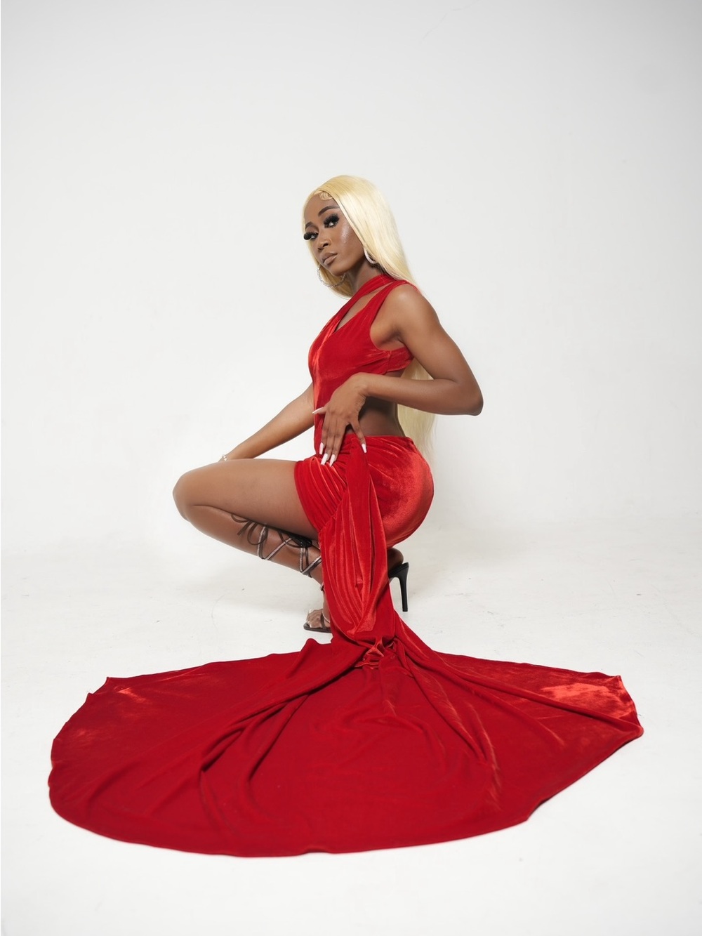 Red High-Low Evening Dress with Draped Train